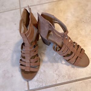 Grecian style stacked heel sandals